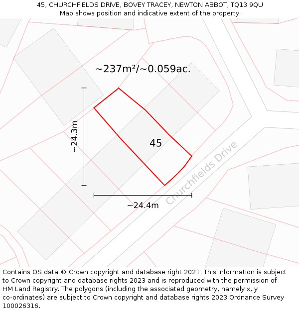 45, CHURCHFIELDS DRIVE, BOVEY TRACEY, NEWTON ABBOT, TQ13 9QU: Plot and title map