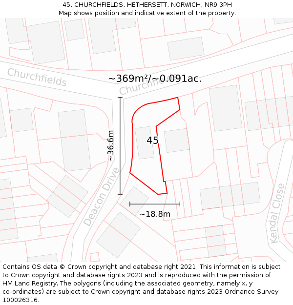 45, CHURCHFIELDS, HETHERSETT, NORWICH, NR9 3PH: Plot and title map