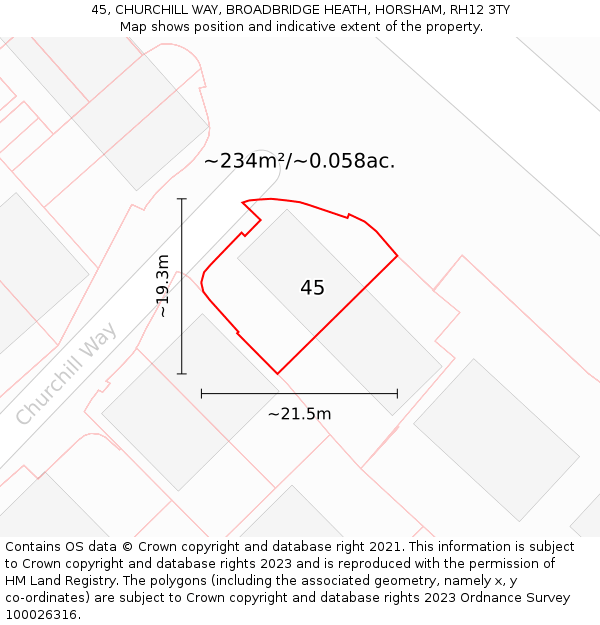 45, CHURCHILL WAY, BROADBRIDGE HEATH, HORSHAM, RH12 3TY: Plot and title map
