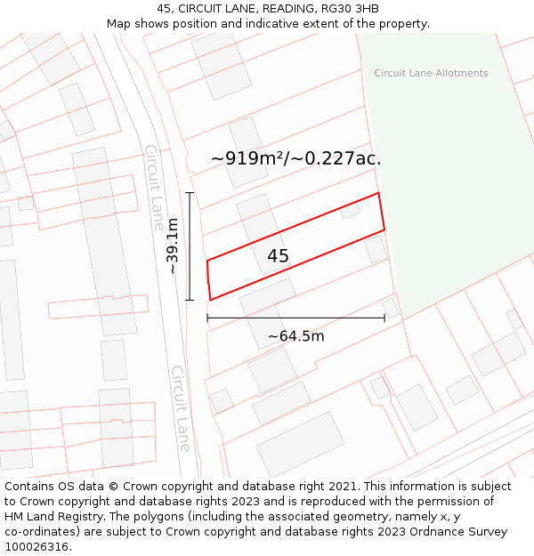 45, CIRCUIT LANE, READING, RG30 3HB: Plot and title map
