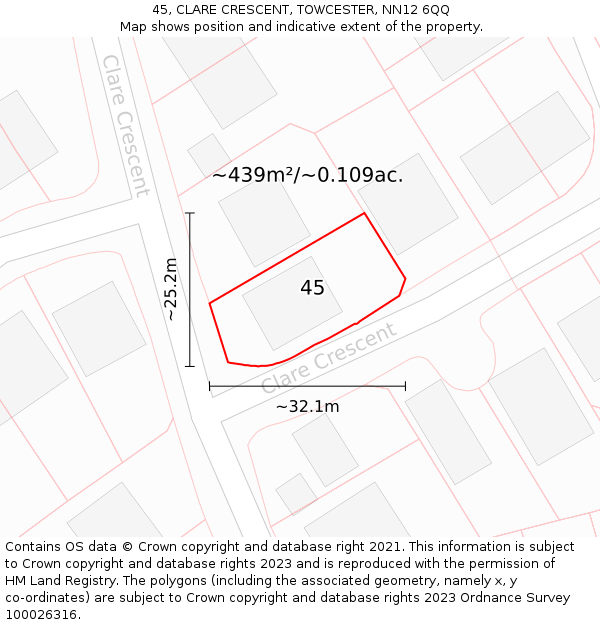 45, CLARE CRESCENT, TOWCESTER, NN12 6QQ: Plot and title map