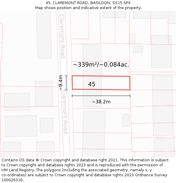 45, CLAREMONT ROAD, BASILDON, SS15 5PX: Plot and title map
