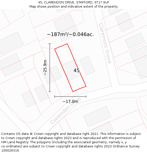 45, CLARENDON DRIVE, STAFFORD, ST17 9UF: Plot and title map