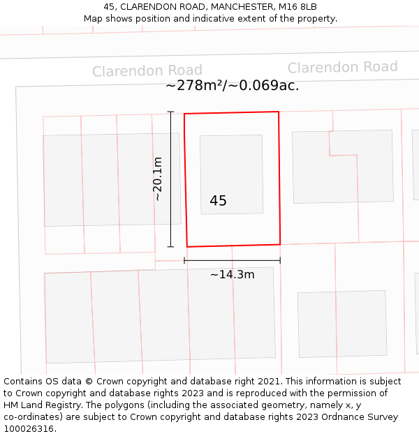 45, CLARENDON ROAD, MANCHESTER, M16 8LB: Plot and title map