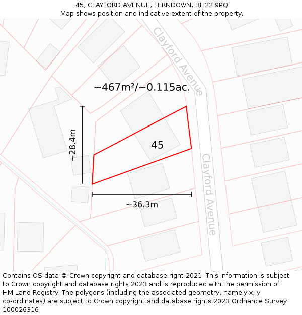 45, CLAYFORD AVENUE, FERNDOWN, BH22 9PQ: Plot and title map