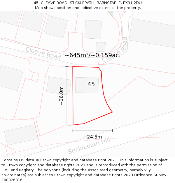 45, CLEAVE ROAD, STICKLEPATH, BARNSTAPLE, EX31 2DU: Plot and title map