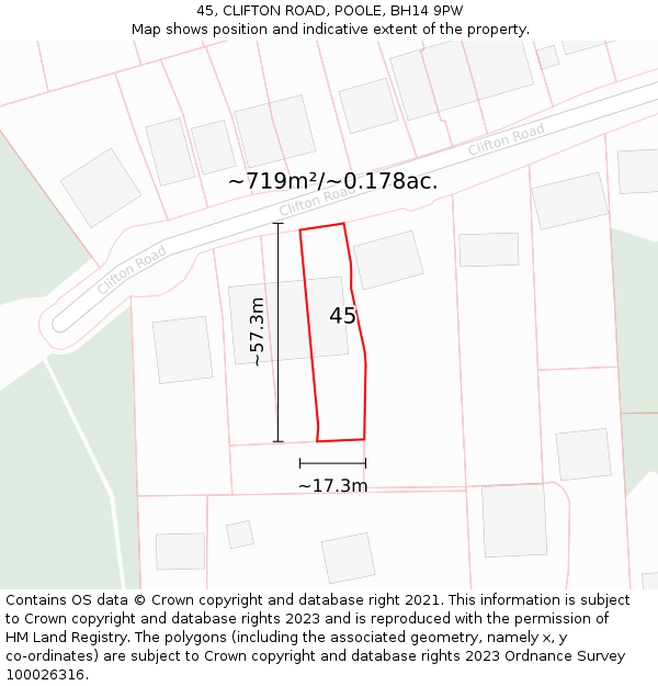 45, CLIFTON ROAD, POOLE, BH14 9PW: Plot and title map