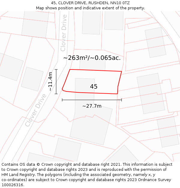 45, CLOVER DRIVE, RUSHDEN, NN10 0TZ: Plot and title map