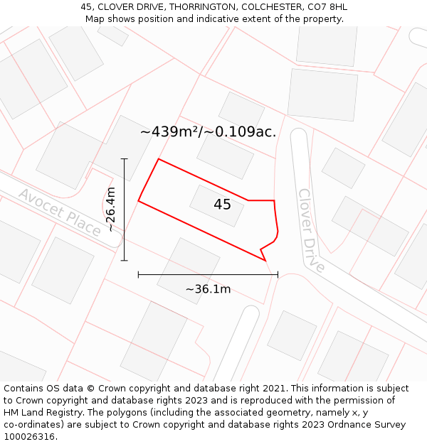 45, CLOVER DRIVE, THORRINGTON, COLCHESTER, CO7 8HL: Plot and title map
