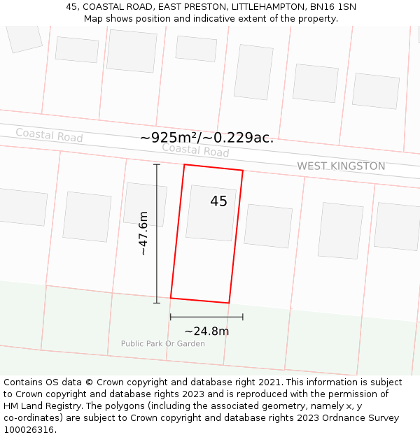 45, COASTAL ROAD, EAST PRESTON, LITTLEHAMPTON, BN16 1SN: Plot and title map