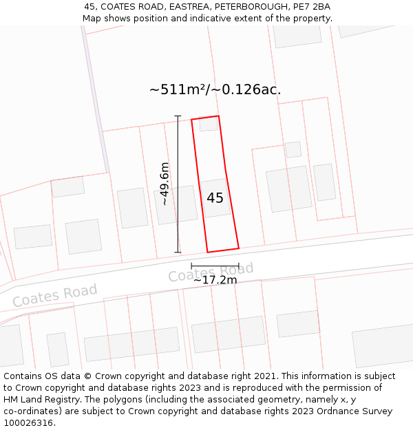 45, COATES ROAD, EASTREA, PETERBOROUGH, PE7 2BA: Plot and title map