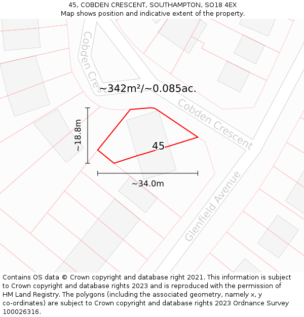 45, COBDEN CRESCENT, SOUTHAMPTON, SO18 4EX: Plot and title map