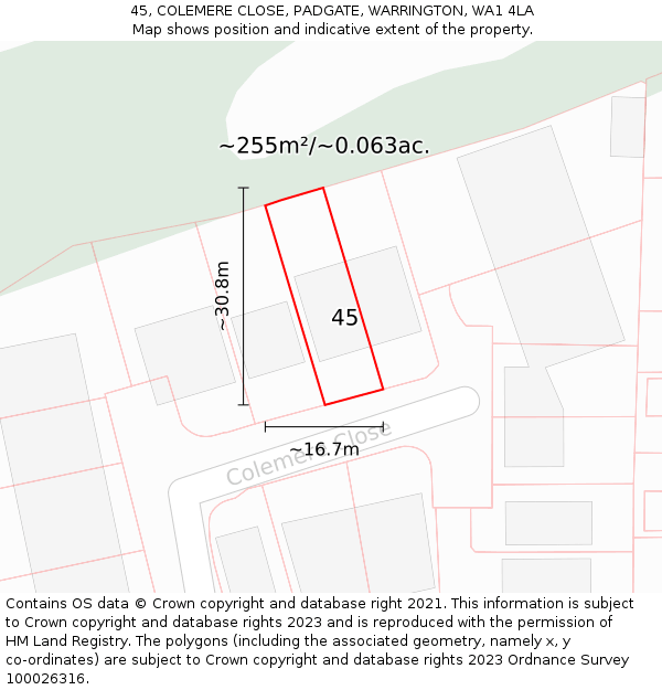 45, COLEMERE CLOSE, PADGATE, WARRINGTON, WA1 4LA: Plot and title map