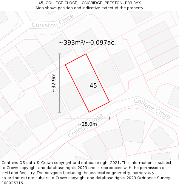 45, COLLEGE CLOSE, LONGRIDGE, PRESTON, PR3 3AX: Plot and title map
