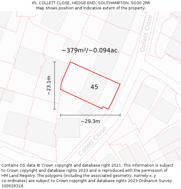 45, COLLETT CLOSE, HEDGE END, SOUTHAMPTON, SO30 2RR: Plot and title map