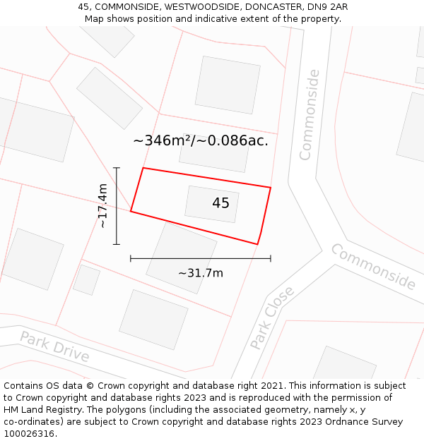 45, COMMONSIDE, WESTWOODSIDE, DONCASTER, DN9 2AR: Plot and title map