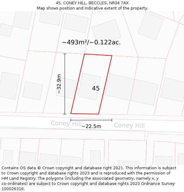 45, CONEY HILL, BECCLES, NR34 7AX: Plot and title map