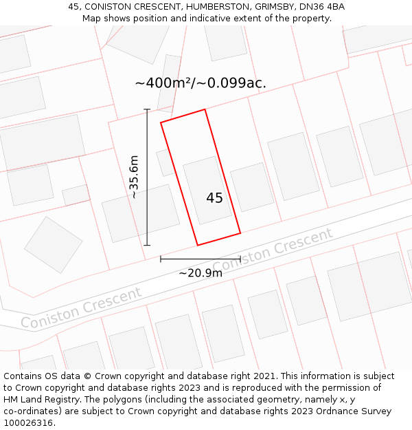 45, CONISTON CRESCENT, HUMBERSTON, GRIMSBY, DN36 4BA: Plot and title map