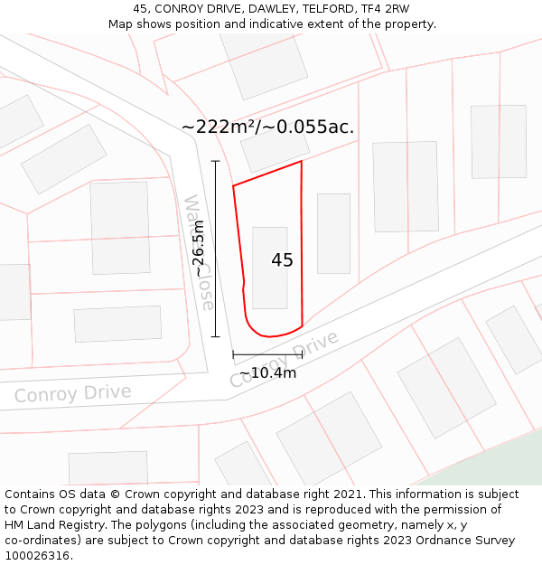 45, CONROY DRIVE, DAWLEY, TELFORD, TF4 2RW: Plot and title map
