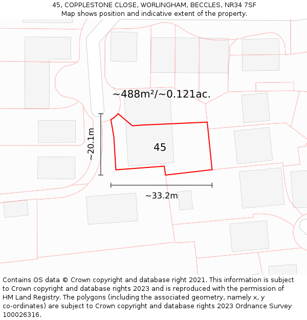 45, COPPLESTONE CLOSE, WORLINGHAM, BECCLES, NR34 7SF: Plot and title map