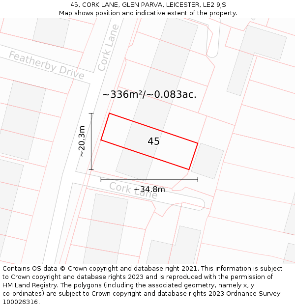 45, CORK LANE, GLEN PARVA, LEICESTER, LE2 9JS: Plot and title map