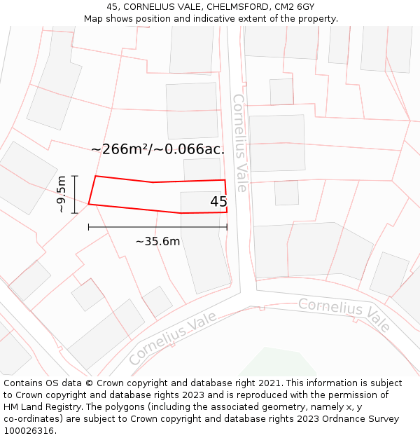 45, CORNELIUS VALE, CHELMSFORD, CM2 6GY: Plot and title map