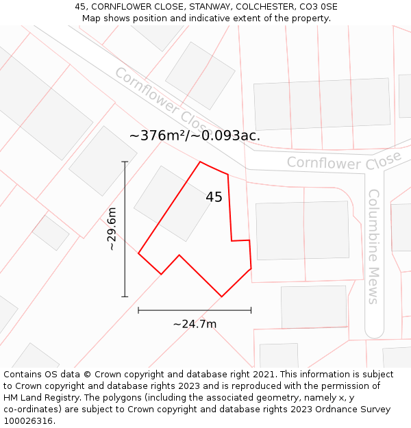 45, CORNFLOWER CLOSE, STANWAY, COLCHESTER, CO3 0SE: Plot and title map