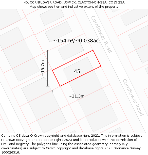 45, CORNFLOWER ROAD, JAYWICK, CLACTON-ON-SEA, CO15 2SA: Plot and title map