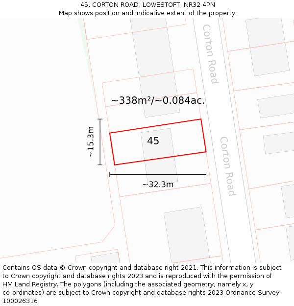 45, CORTON ROAD, LOWESTOFT, NR32 4PN: Plot and title map