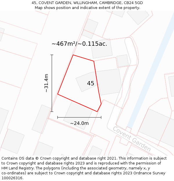 45, COVENT GARDEN, WILLINGHAM, CAMBRIDGE, CB24 5GD: Plot and title map