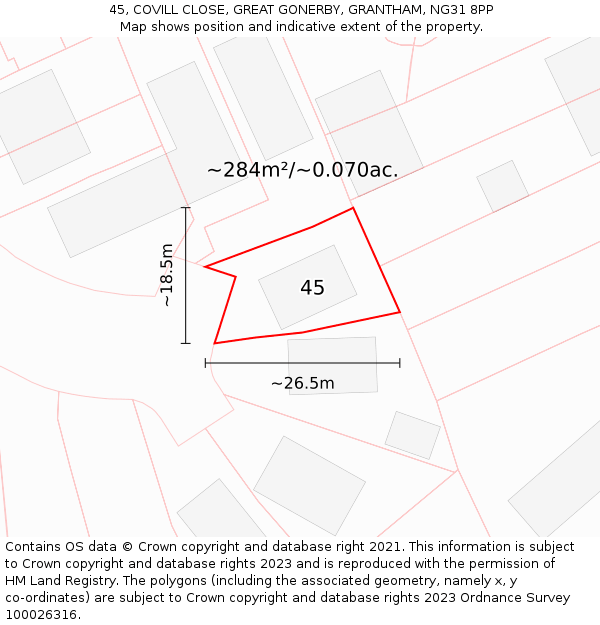 45, COVILL CLOSE, GREAT GONERBY, GRANTHAM, NG31 8PP: Plot and title map