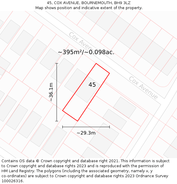 45, COX AVENUE, BOURNEMOUTH, BH9 3LZ: Plot and title map