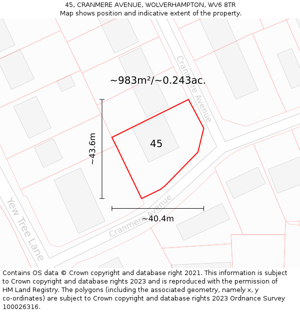 45, CRANMERE AVENUE, WOLVERHAMPTON, WV6 8TR: Plot and title map