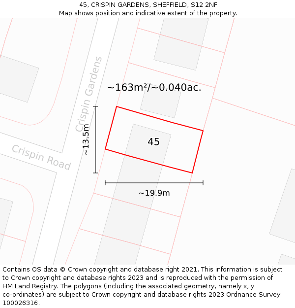 45, CRISPIN GARDENS, SHEFFIELD, S12 2NF: Plot and title map