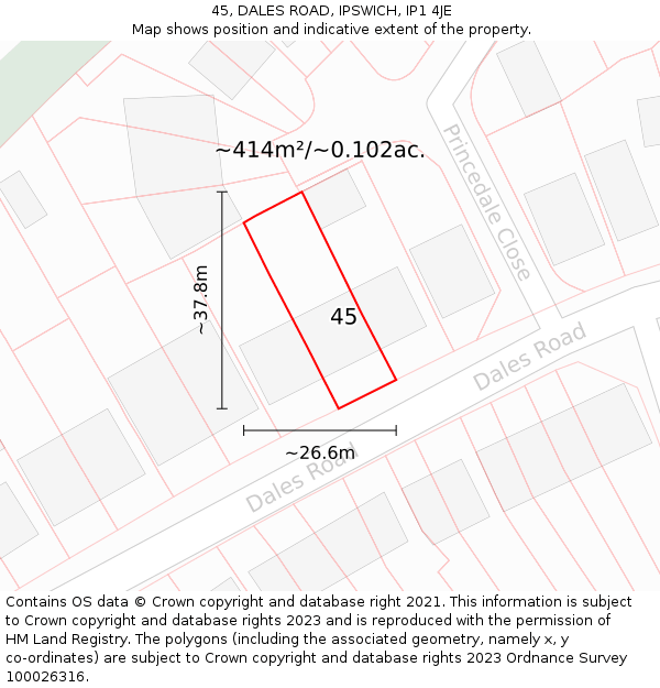 45, DALES ROAD, IPSWICH, IP1 4JE: Plot and title map