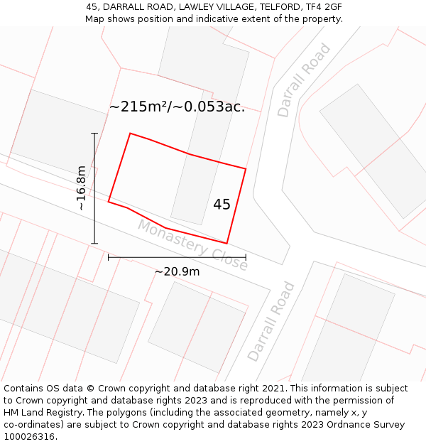 45, DARRALL ROAD, LAWLEY VILLAGE, TELFORD, TF4 2GF: Plot and title map