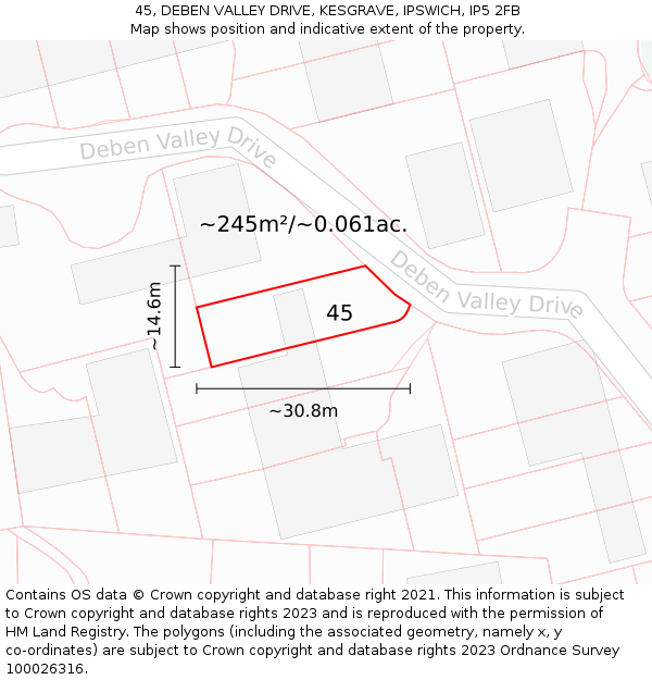 45, DEBEN VALLEY DRIVE, KESGRAVE, IPSWICH, IP5 2FB: Plot and title map