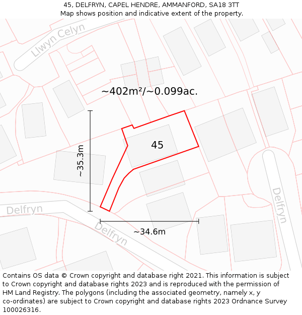 45, DELFRYN, CAPEL HENDRE, AMMANFORD, SA18 3TT: Plot and title map