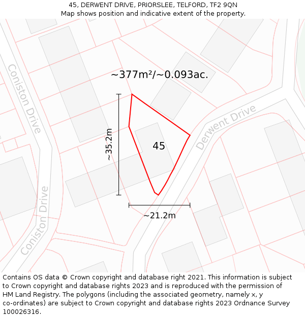 45, DERWENT DRIVE, PRIORSLEE, TELFORD, TF2 9QN: Plot and title map