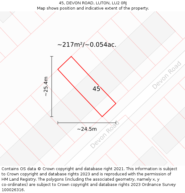 45, DEVON ROAD, LUTON, LU2 0RJ: Plot and title map