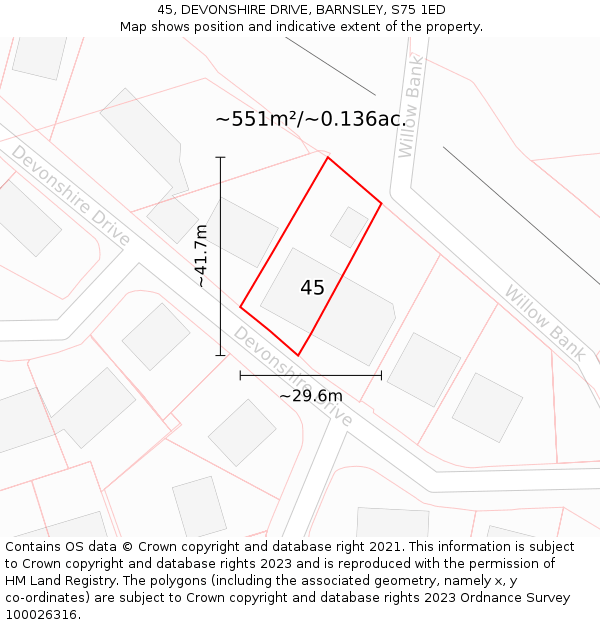 45, DEVONSHIRE DRIVE, BARNSLEY, S75 1ED: Plot and title map
