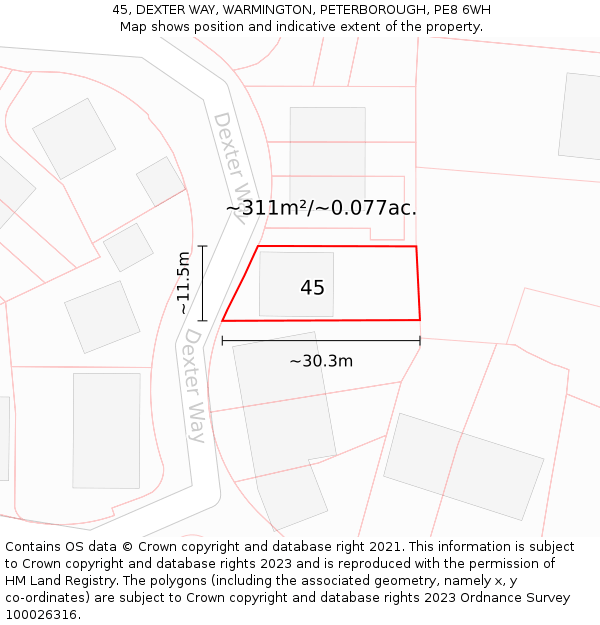 45, DEXTER WAY, WARMINGTON, PETERBOROUGH, PE8 6WH: Plot and title map