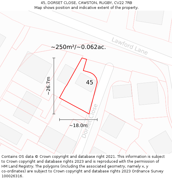 45, DORSET CLOSE, CAWSTON, RUGBY, CV22 7RB: Plot and title map