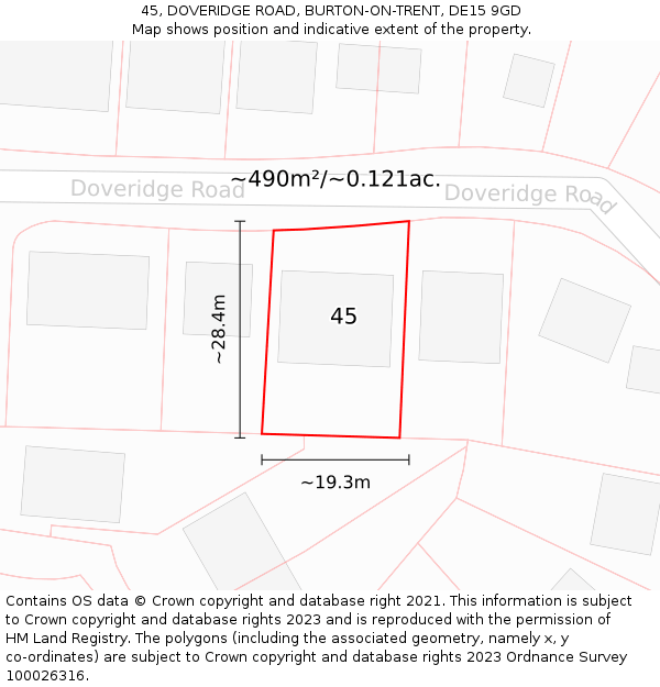 45, DOVERIDGE ROAD, BURTON-ON-TRENT, DE15 9GD: Plot and title map
