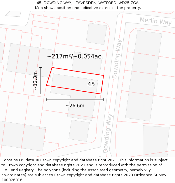 45, DOWDING WAY, LEAVESDEN, WATFORD, WD25 7GA: Plot and title map