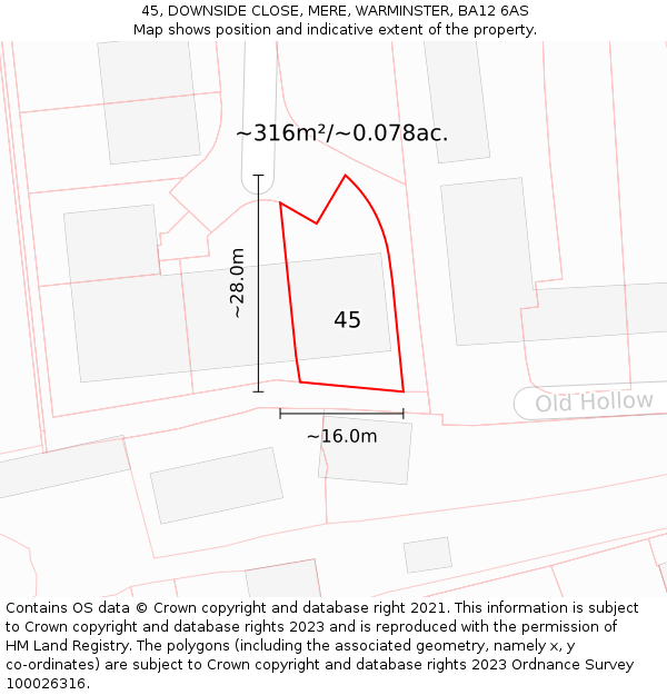 45, DOWNSIDE CLOSE, MERE, WARMINSTER, BA12 6AS: Plot and title map