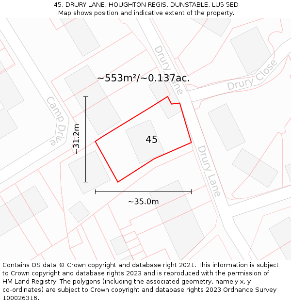 45, DRURY LANE, HOUGHTON REGIS, DUNSTABLE, LU5 5ED: Plot and title map