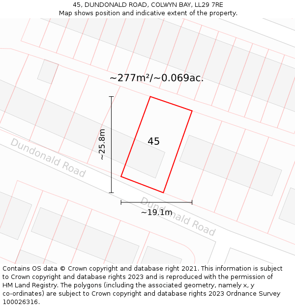 45, DUNDONALD ROAD, COLWYN BAY, LL29 7RE: Plot and title map