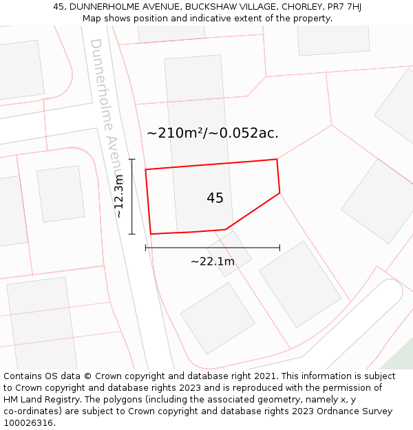 45, DUNNERHOLME AVENUE, BUCKSHAW VILLAGE, CHORLEY, PR7 7HJ: Plot and title map
