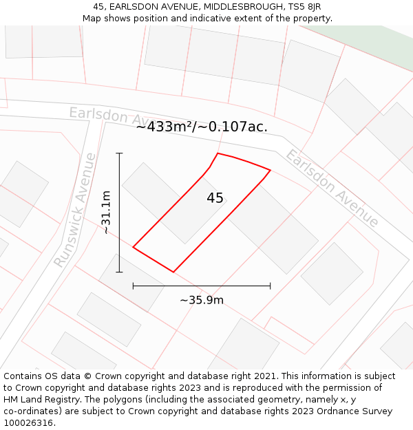 45, EARLSDON AVENUE, MIDDLESBROUGH, TS5 8JR: Plot and title map